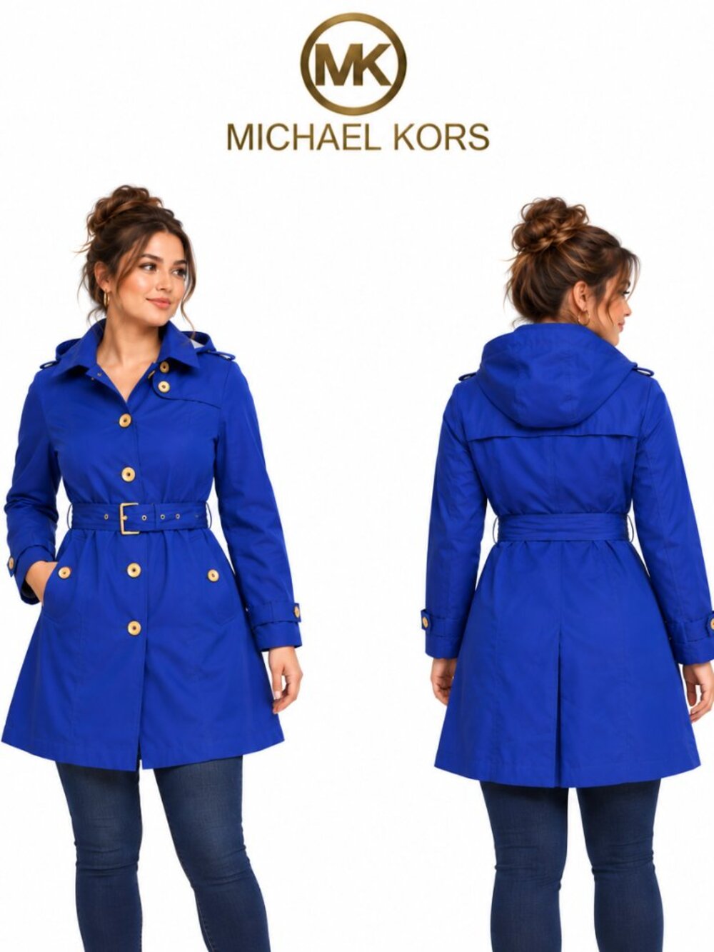 Michael Kors Royal Blue Hooded Trench Coat Belted Gold Hardware Size XS